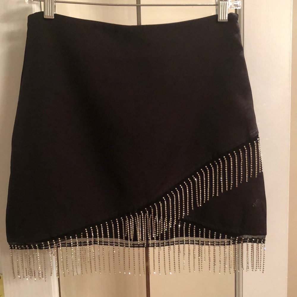 Black Rhinestone Fringe Hem Mini Skirt